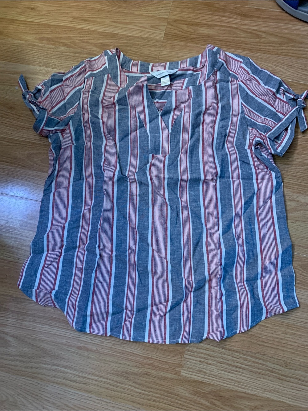 Christopher & Banks Blue and Red Striped Short-Sleeve V-Neck Top
